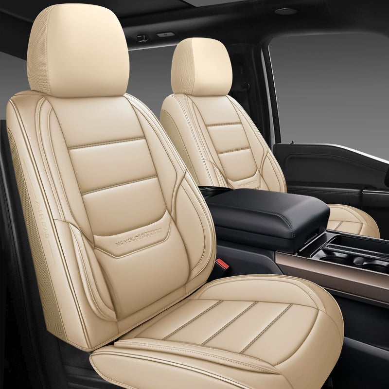 NS YOLO Leather Car Seat Covers Front Pair,Universal Fit for Most Cars,SUVs and Sedans,Waterproof Luxury Leatherette Cushions, 2 Car Seat Protectors (Beige, Front Pair-2 Seats(Driver and Passenger)) - Image 1