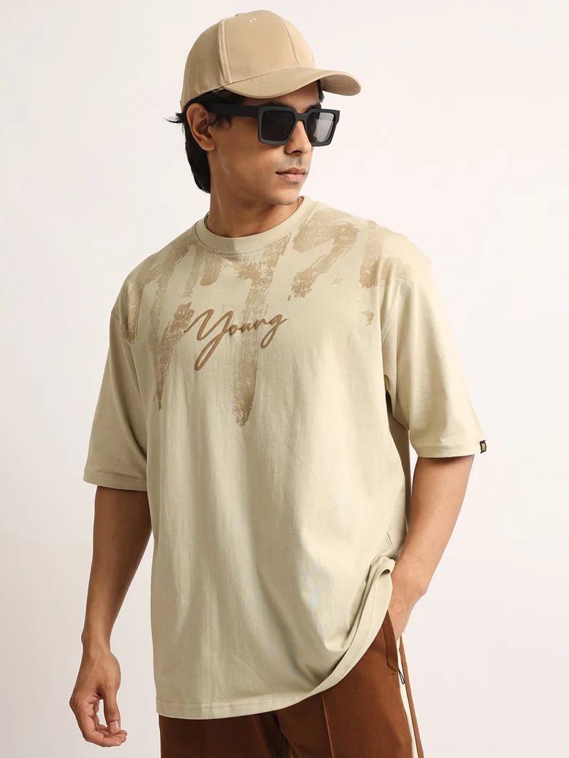 Maniac Maniac Mens AOP Printed Round Neck Half Sleeve Light Grey Cotton Tshirt