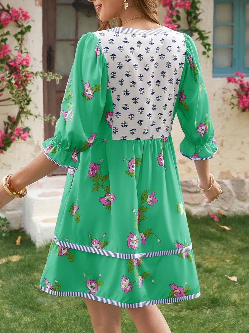 Wenrine Womens Casual Floral Mini Dress Summer Puff Short Sleeve Tie Front V Neck Patchwork Loose Boho Shirt Dresses Green - Image 3
