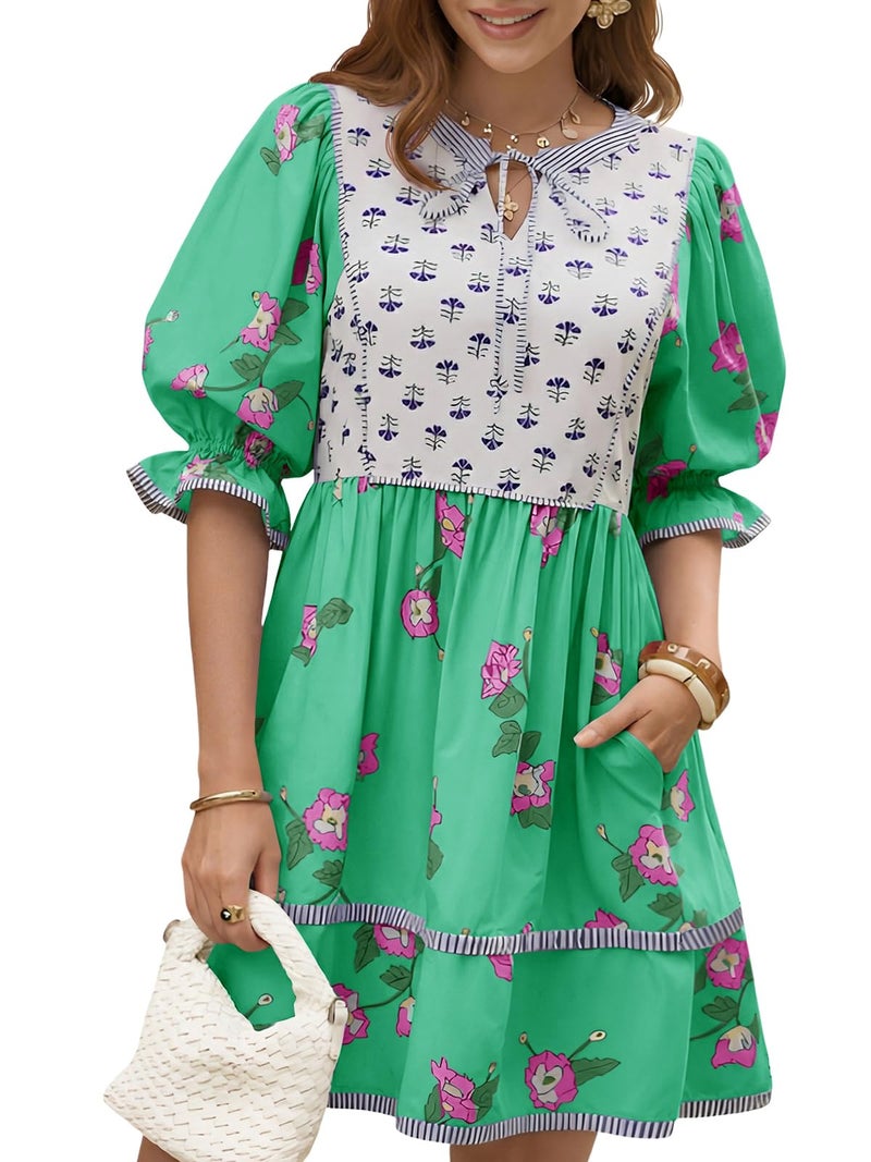 Wenrine Womens Casual Floral Mini Dress Summer Puff Short Sleeve Tie Front V Neck Patchwork Loose Boho Shirt Dresses Green - Image 1