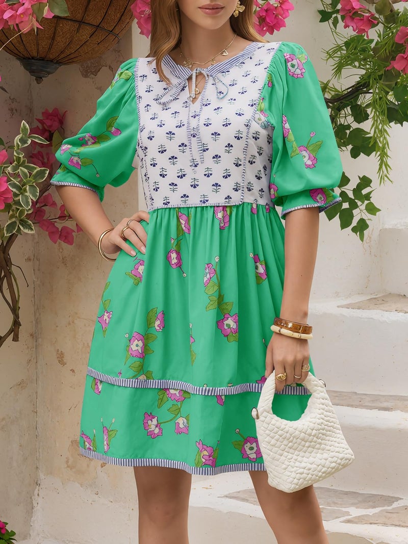 Wenrine Womens Casual Floral Mini Dress Summer Puff Short Sleeve Tie Front V Neck Patchwork Loose Boho Shirt Dresses Green - Image 2