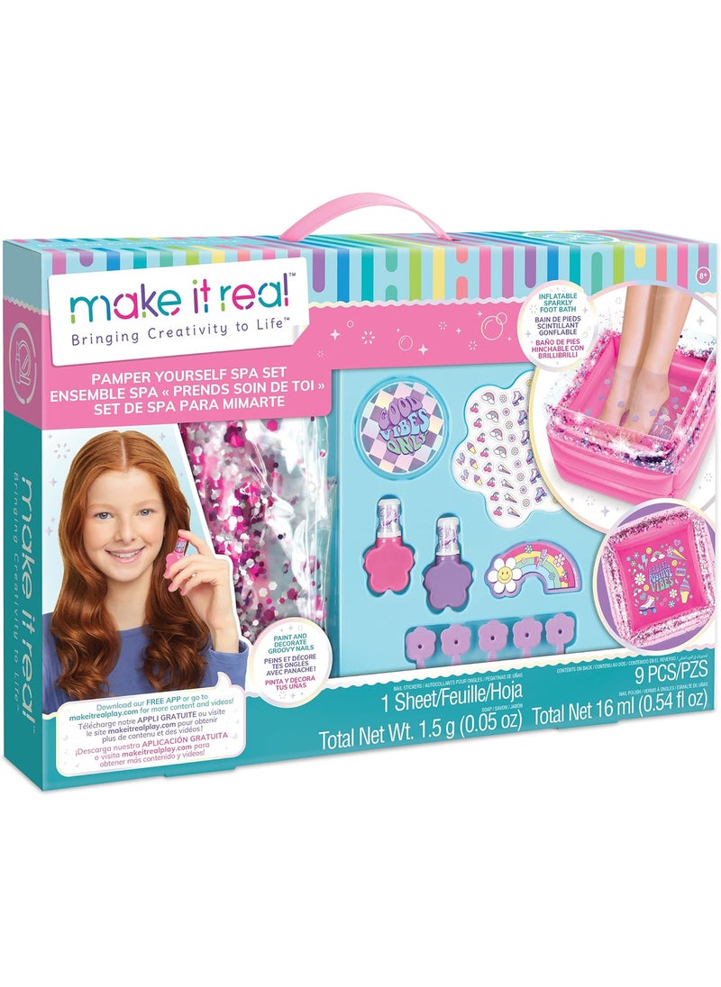 Make It Real - Make It Real: Pamper Yourself Spa Set - 9 pcs, Inflatable Sparkly Foot Bath & Accessories, Nail Polish & Art, Tweens, Girls & Kids Ages 8+ - Image 1