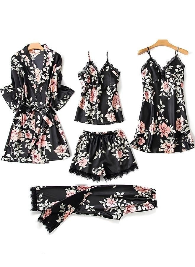 NIBEMINENT 5-Pack Women's Sleepwear Set Sling Lace Nightdress Sweet Pajama Home Wearing Clothes Loungewear Suits Floral Printing Ladies Nightwear Lingerie Robe Underwear Shorts Summer Spring - Image 2