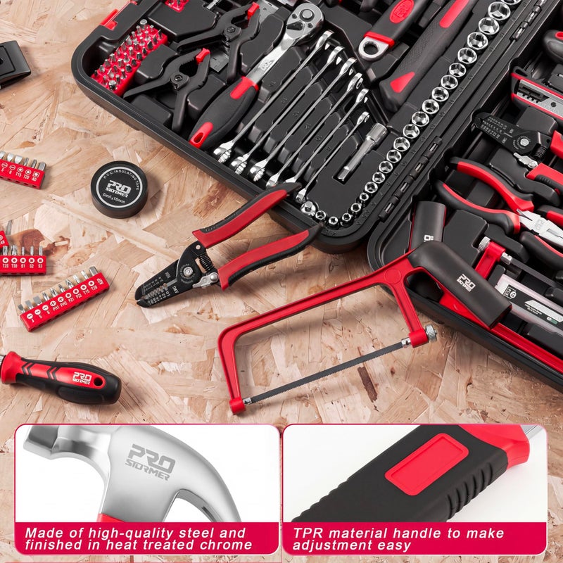 Prostormer 259-Piece Tool Kit, General Household Hand Tool Set with Plastic Storage Toolbox, Portable Complete Repair Tool Box for Home and Car (Red) - Image 4