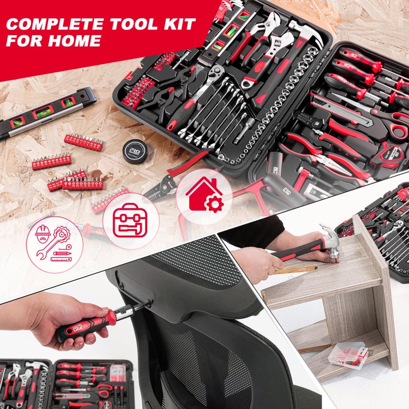 Prostormer 259-Piece Tool Kit, General Household Hand Tool Set with Plastic Storage Toolbox, Portable Complete Repair Tool Box for Home and Car (Red) - Image 5