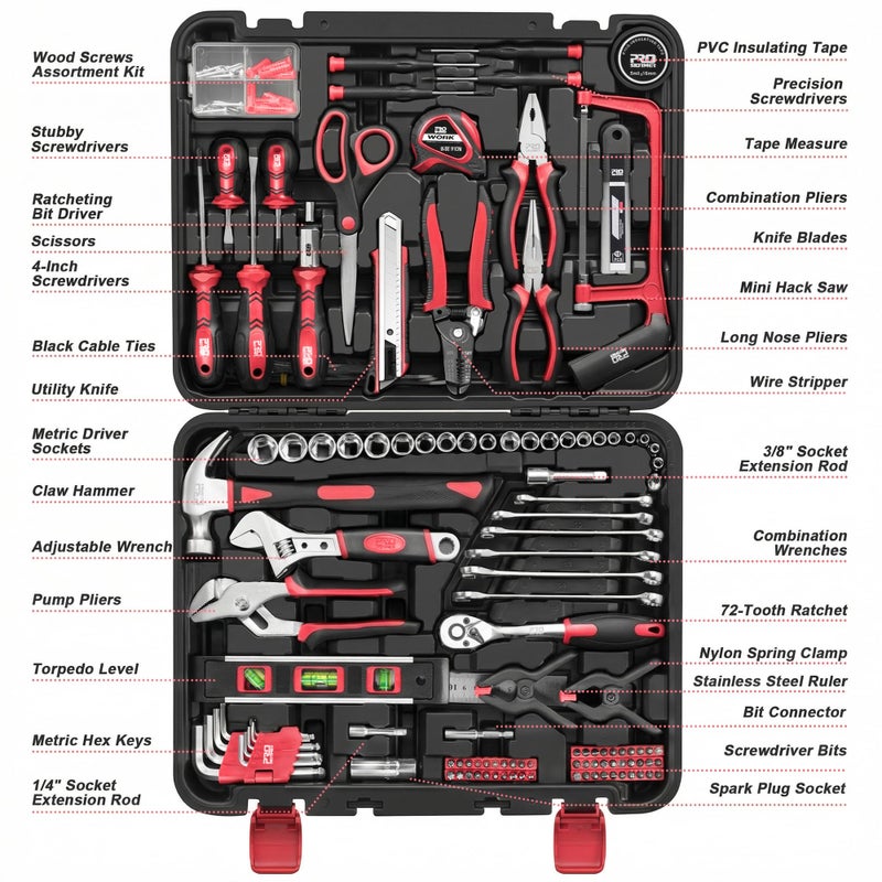Prostormer 259-Piece Tool Kit, General Household Hand Tool Set with Plastic Storage Toolbox, Portable Complete Repair Tool Box for Home and Car (Red) - Image 3