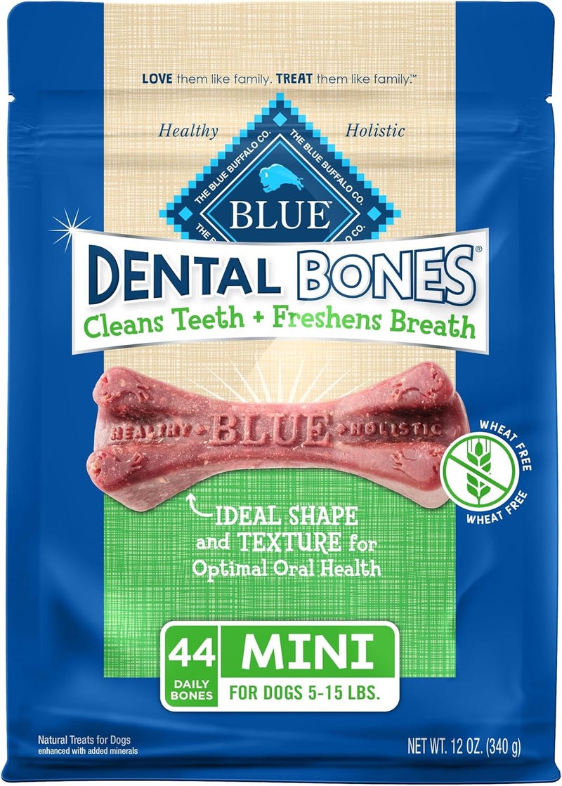 بلو بافلو حبوب مضغ طبية طبيعية من Blue Buffalo Dental Bones Mini، للكلاب (وزن 5-15 رطل)، عبوة سعة 12 أونصة - Image 1