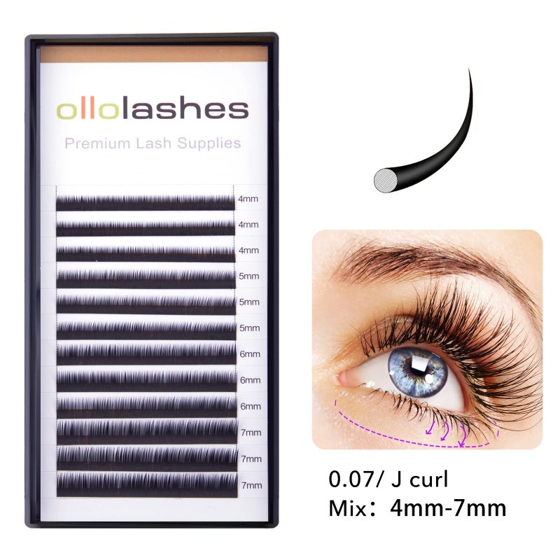 OLLOLASHES Bottom Lash Extension J Curl 0.07mm Mix4-7mm 4mm 5mm 6mm 7mm Black Color Bottom Lash Extensions, Professional Supplies for Lash Techs (Bottom-J-0.07, 4-7mm) - Image 2
