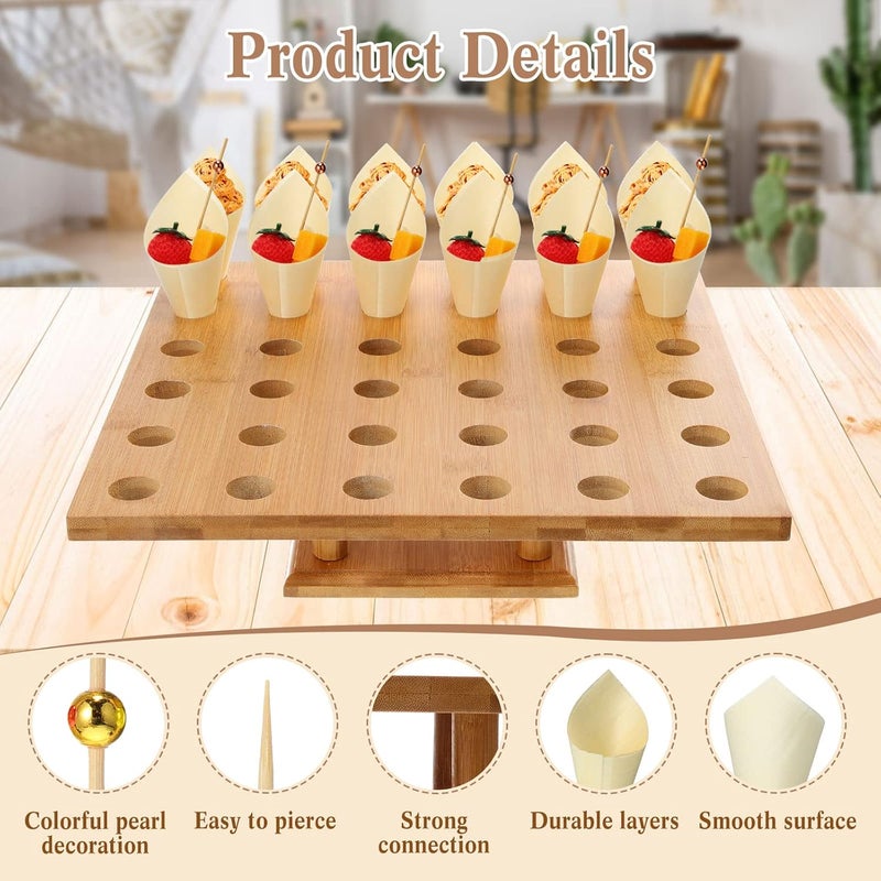 Rtteri 150pc Disposable Wooden Food Cones with 36 Holes Bamboo Ice Cream Cone Holder Display Stand and 150 Colorful Bamboo Stick for Restaurant Catered Events Party or Buffets Ice Cream Food Trucks - Image 3