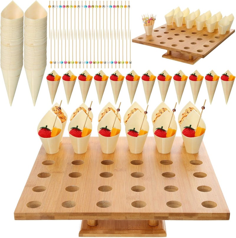 Rtteri 150pc Disposable Wooden Food Cones with 36 Holes Bamboo Ice Cream Cone Holder Display Stand and 150 Colorful Bamboo Stick for Restaurant Catered Events Party or Buffets Ice Cream Food Trucks - Image 1