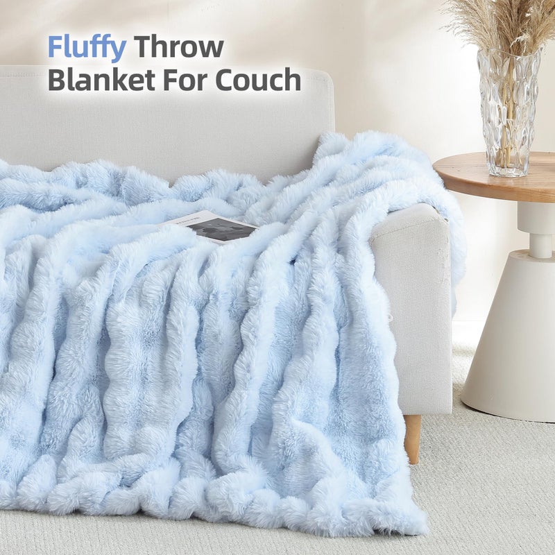 Smoofy Faux Fur Throw Blanket for Couch Rabbit Fleece - Light Blue Fluffy Blanket for Sofa Bedroom Living Room, Cozy Soft Plush Luxury Thick Winter Fuzzy Comfy Bubble Blanket - 50" x 60" - Image 3