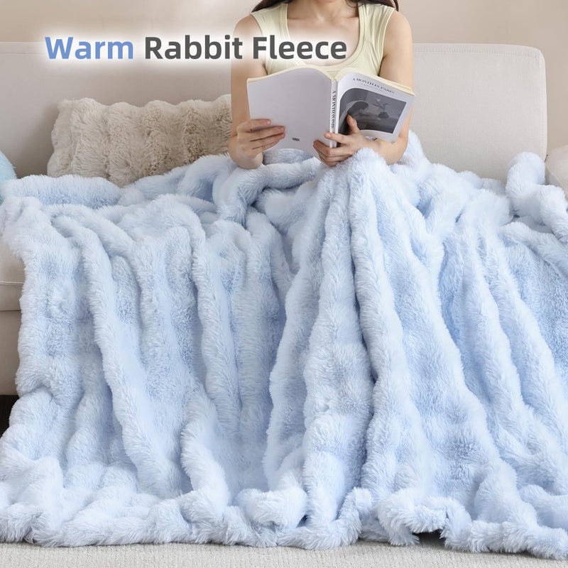 Smoofy Faux Fur Throw Blanket for Couch Rabbit Fleece - Light Blue Fluffy Blanket for Sofa Bedroom Living Room, Cozy Soft Plush Luxury Thick Winter Fuzzy Comfy Bubble Blanket - 50" x 60" - Image 5