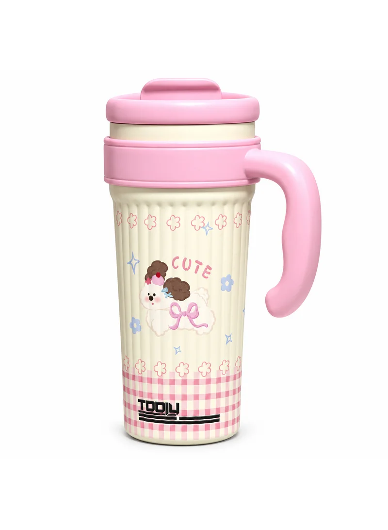 Tooly 750ml Stainless Steel Vacuum Insulated Thermal Flask Mug with Handle & Straw – Double Wall Hot & Cold Cute Poodle Dog Cartoon Travel Tumbler, BPA Free, Cup Holder Friendly (Soft Pink / Cream)