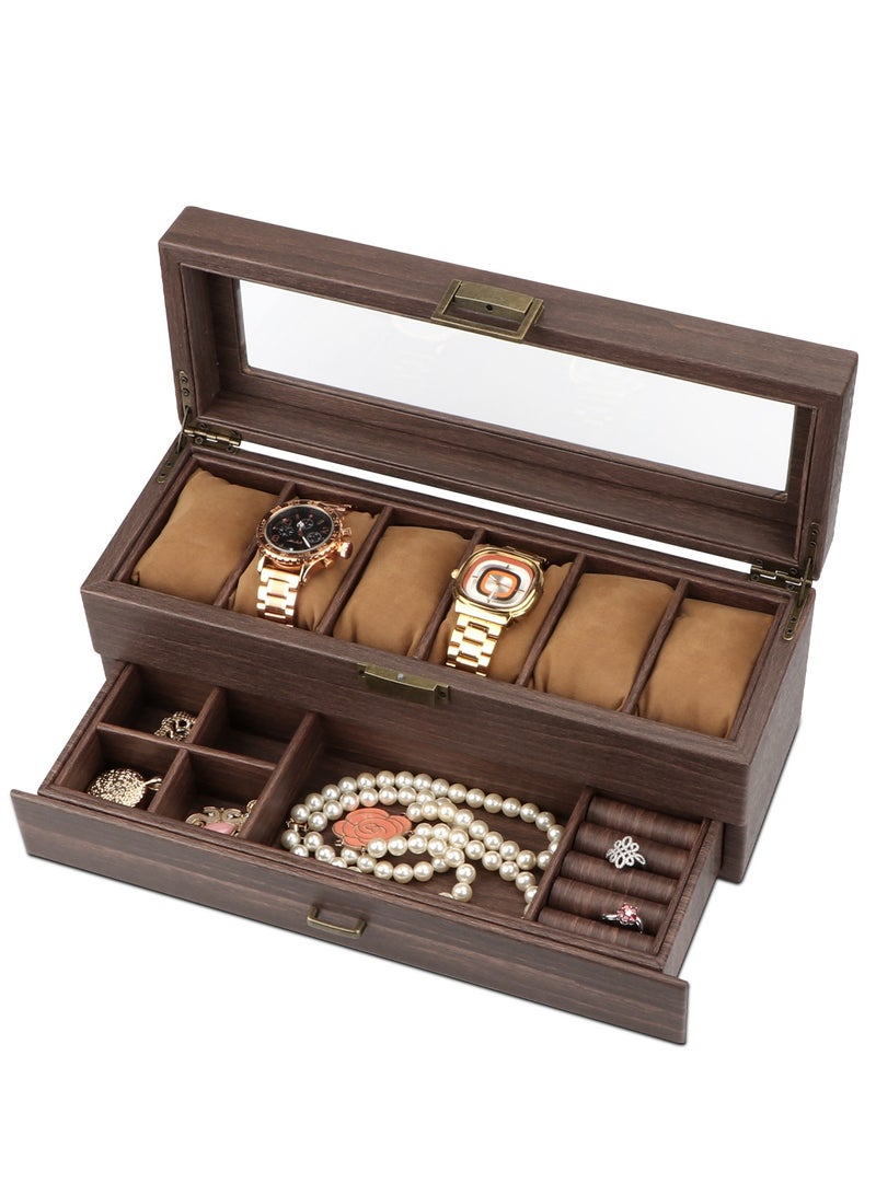 HomarKet Watch Box Organizer for, 6 Slot Watch Display Case with Drawer, Father's Day Gift Mens Watch Holder Watch Case for Men, 6 Watch Box 2-layer Jewelry and Watch Storage Case -Espresso - Image 2