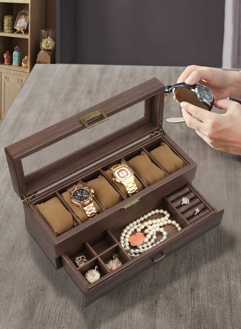 HomarKet Watch Box Organizer for, 6 Slot Watch Display Case with Drawer, Father's Day Gift Mens Watch Holder Watch Case for Men, 6 Watch Box 2-layer Jewelry and Watch Storage Case -Espresso - Image 1