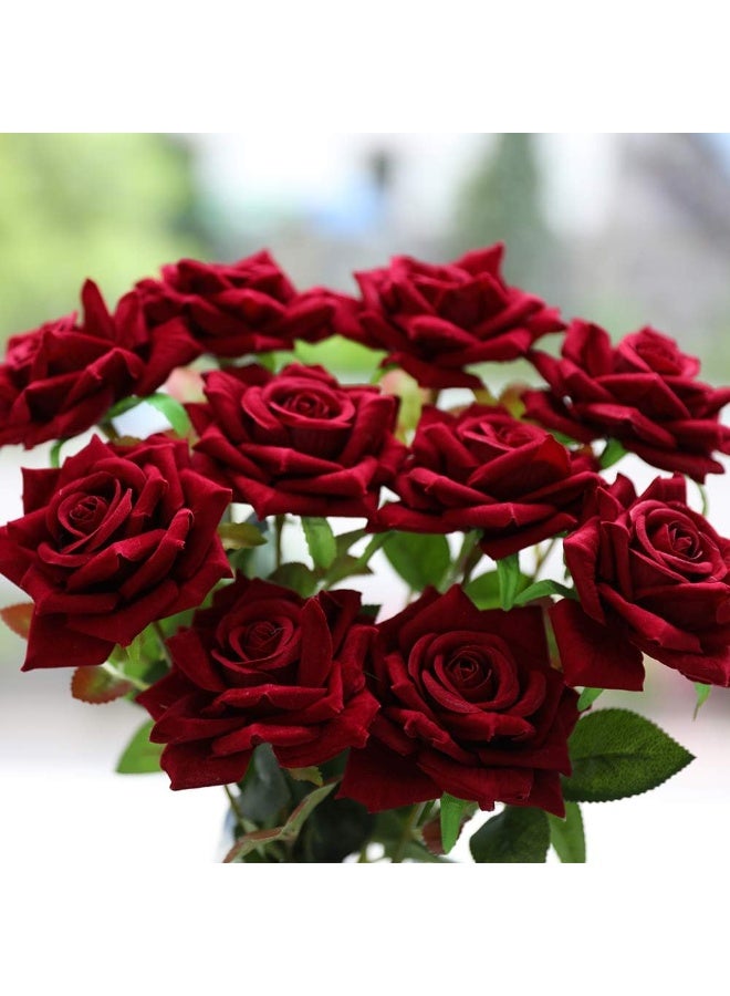 12pcs Artificial Roses Velvet Flowers with Long Stem Fake Roses Bouquet DIY for Home Garden Wedding Decor (Dark Red) - Image 2