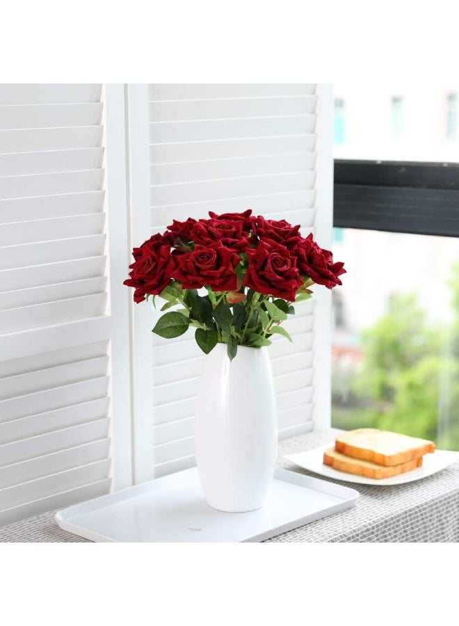 12pcs Artificial Roses Velvet Flowers with Long Stem Fake Roses Bouquet DIY for Home Garden Wedding Decor (Dark Red) - Image 4