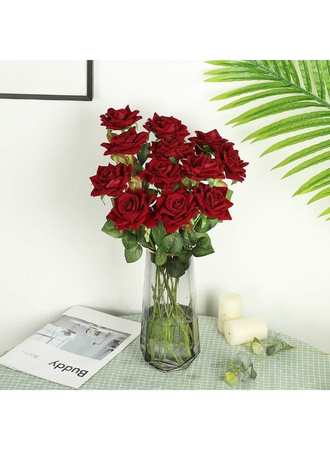 12pcs Artificial Roses Velvet Flowers with Long Stem Fake Roses Bouquet DIY for Home Garden Wedding Decor (Dark Red) - Image 5