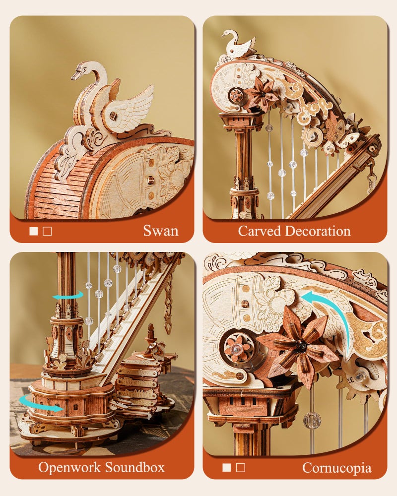 ROKR 3D Wooden Puzzles for Adults - Magic Harp Music Box, Mechanical Model Kit Self-Playing Musical Instrument, DIY Craft Kits, Home Decor & Birthday Gifts, Hobbies for Men Women - Image 3