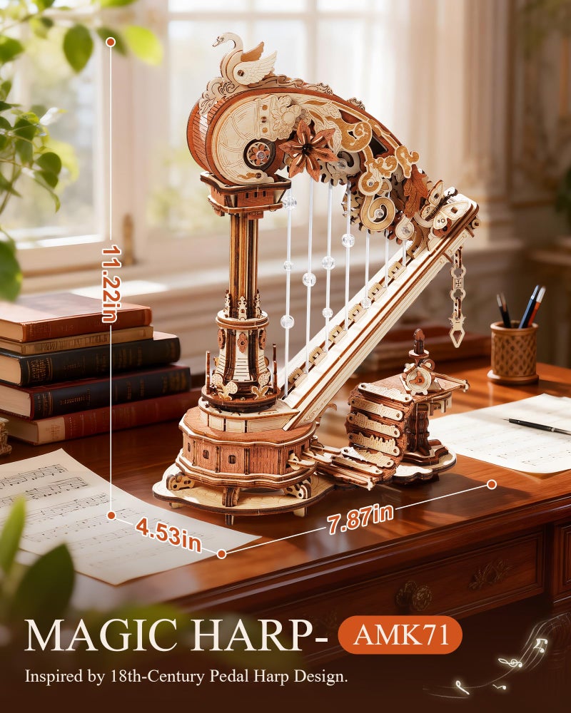 ROKR 3D Wooden Puzzles for Adults - Magic Harp Music Box, Mechanical Model Kit Self-Playing Musical Instrument, DIY Craft Kits, Home Decor & Birthday Gifts, Hobbies for Men Women - Image 2