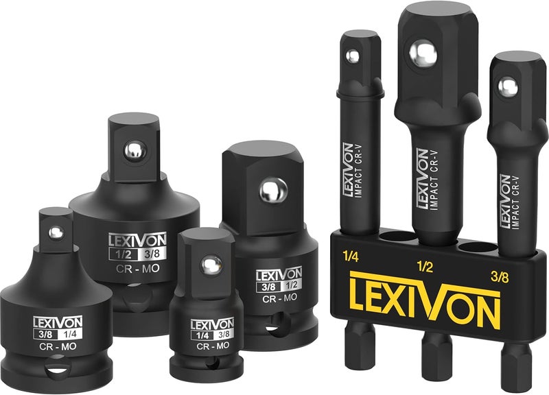 LEXIVON Impact Socket Adapter Combo Kit, 7-Piece Increaser, Reducer & Extension Set 1/4"-3/8"-1/2" Impact Driver Conversions, Active Rust Protection by Black-Phosphate Coating Treatment (LX-109) - Image 1