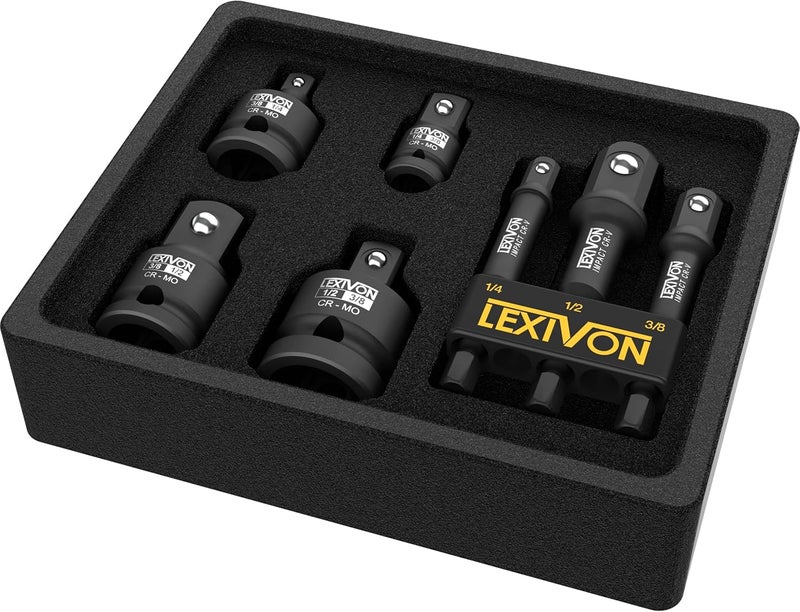LEXIVON Impact Socket Adapter Combo Kit, 7-Piece Increaser, Reducer & Extension Set 1/4"-3/8"-1/2" Impact Driver Conversions, Active Rust Protection by Black-Phosphate Coating Treatment (LX-109) - Image 2