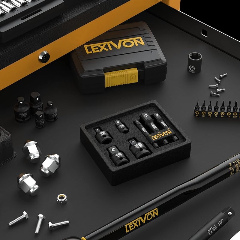 LEXIVON Impact Socket Adapter Combo Kit, 7-Piece Increaser, Reducer & Extension Set 1/4"-3/8"-1/2" Impact Driver Conversions, Active Rust Protection by Black-Phosphate Coating Treatment (LX-109) - Image 4