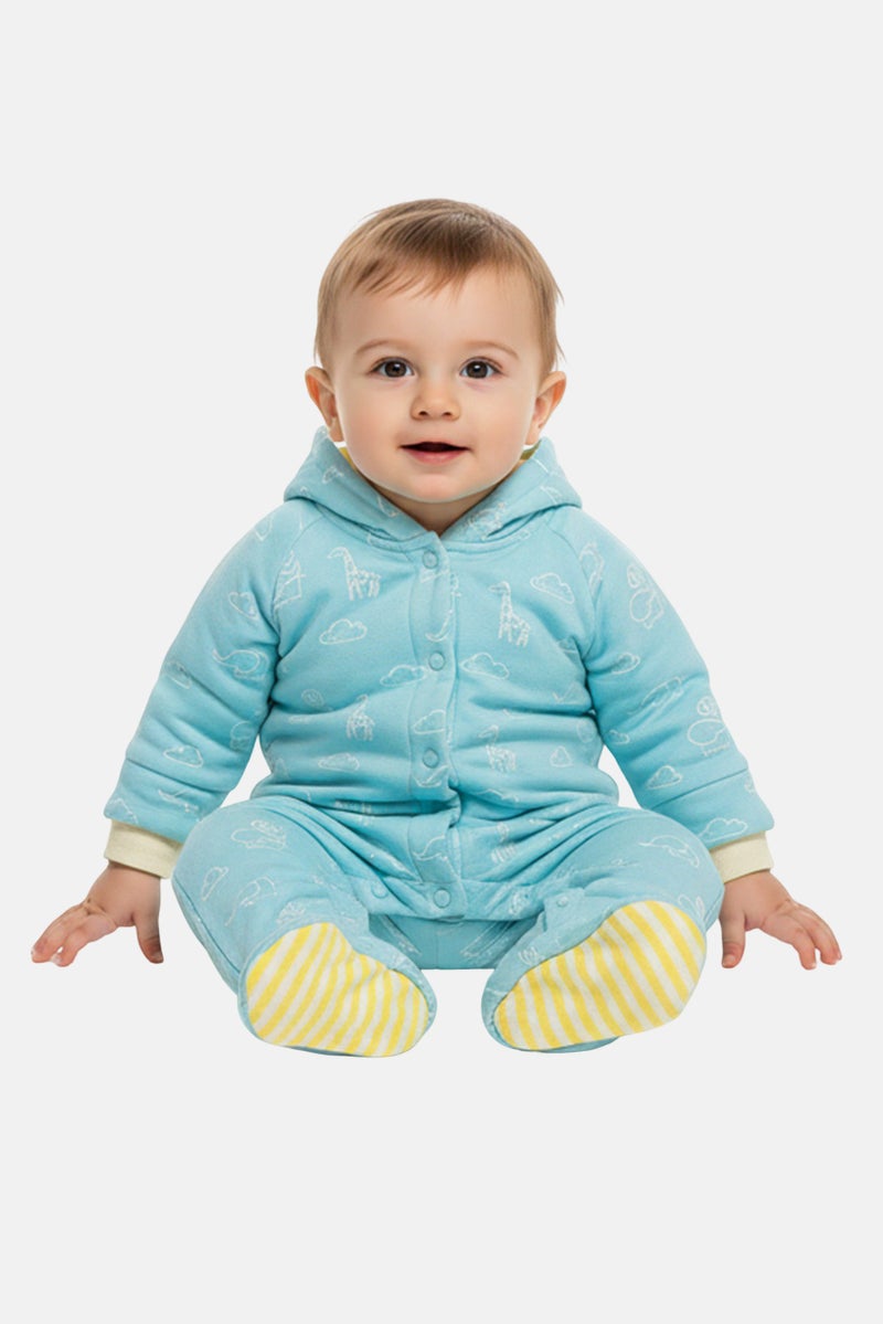 Hamleys Toddlers Boy Animal Print Long Sleeve Hooded Coverall, Turquoise - Image 1