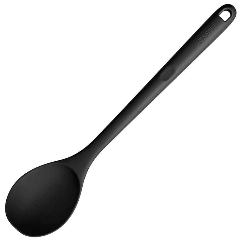 U-Taste 600ºF Heat Resistant Silicone Spoon: U-Taste 13.3in Solid Kitchen Cooking Spoon, Nonstick Food Grade Large & Long Soup Rubber Utensil for Mixing, Serving, Stirring, Basting, for Pot Cookware (Black) - Image 1
