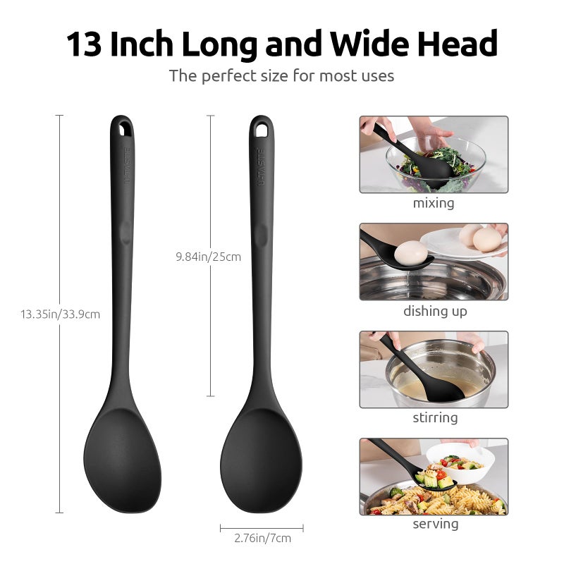 U-Taste 600ºF Heat Resistant Silicone Spoon: U-Taste 13.3in Solid Kitchen Cooking Spoon, Nonstick Food Grade Large & Long Soup Rubber Utensil for Mixing, Serving, Stirring, Basting, for Pot Cookware (Black) - Image 2