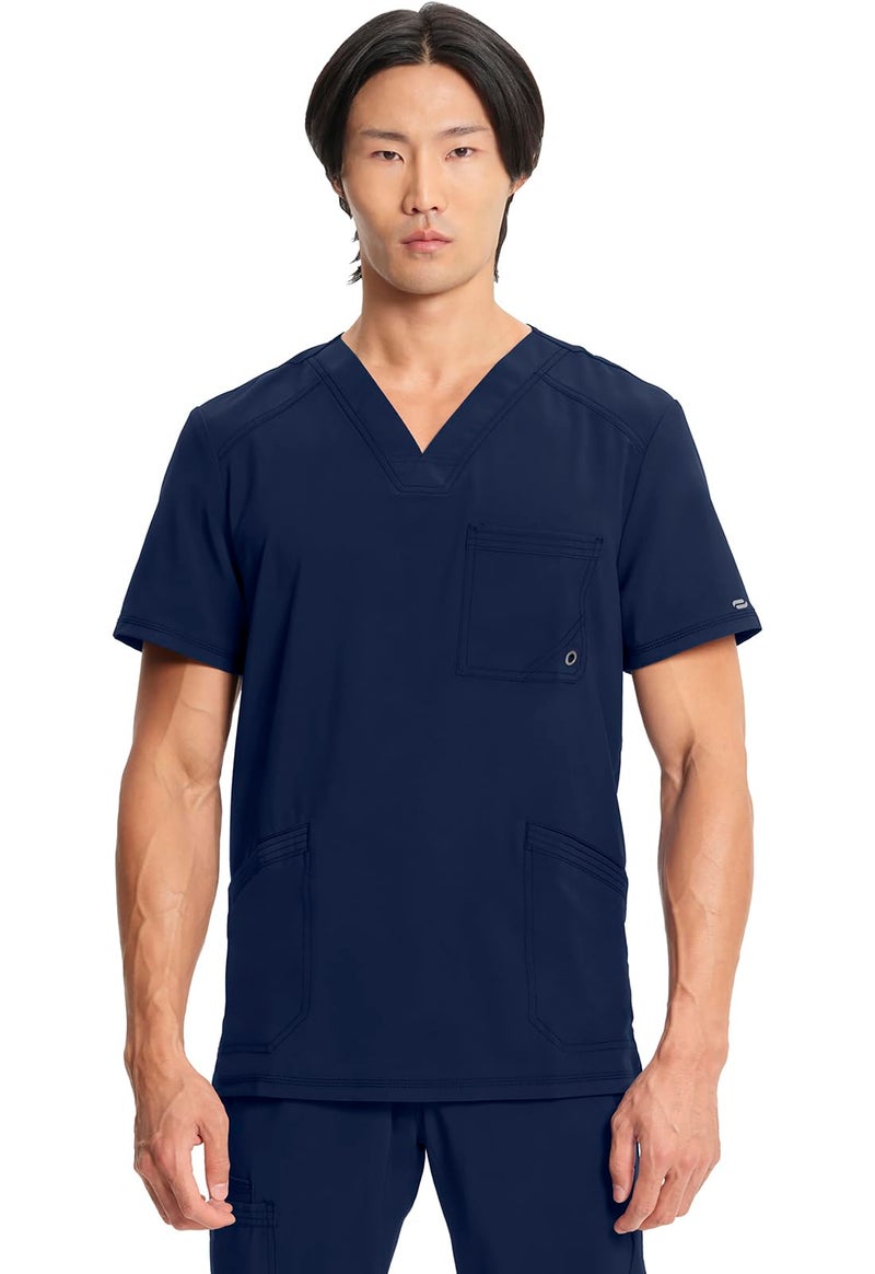 Cherokee Infinity Mens V-Neck Scrub Top Modern Fit, 3 Pockets, Rib-Knit Back Panels, Moisture-Wicking 360Â° Stretch - CK900A, XL, Navy