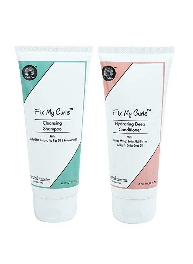 Fix My Curls - Travel Size Cleanse & Condition Bundle With Cleansing Shampoo Hydrating Deep Conditioner For Curly And Wavy Hair Sulphate & Silicone Free Enriched With Apple Cider Vinegar (50Gm Each) - Image 1