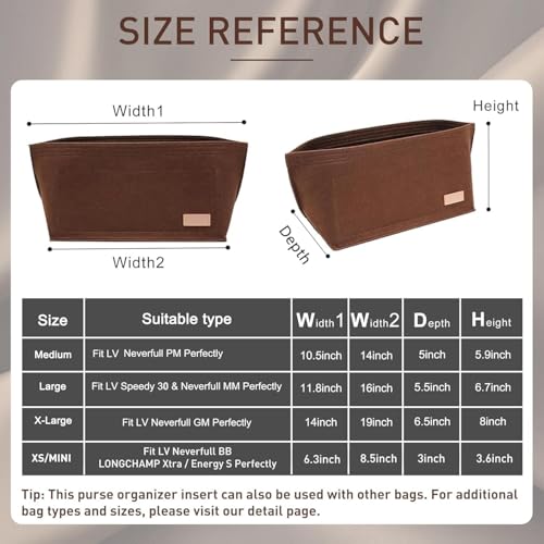 OAikor Purse Organizer Insert, Tote Bag Organizer Insert with Base Shaper,Felt Zipper Handbag Shaper Compatible with Neverfull MM Speedy 30 and More,Brown/L - Image 2