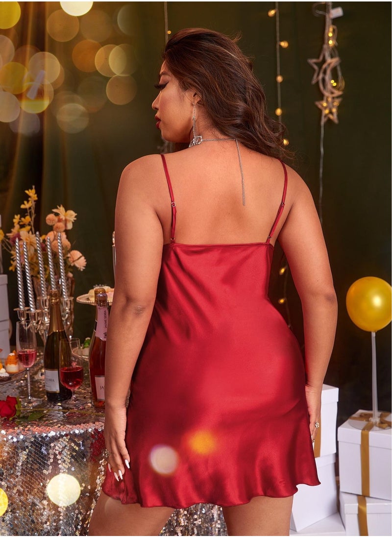 Loquat - Women's Solid Color Imitation Silk Nightgown Sleepwear Mini Slip Dress With Adjustable Straps Soft Loungewear Sleepwear Dress Red - Image 1