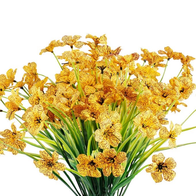 12 BUNDLES ARTIFICIAL FLOWERS OUTDOOR UV RESISTANT FLOWERS NO FADE FAUX PLASTIC PLANTS GARDEN PORCH WINDOW BOX DECORATING YELLOW