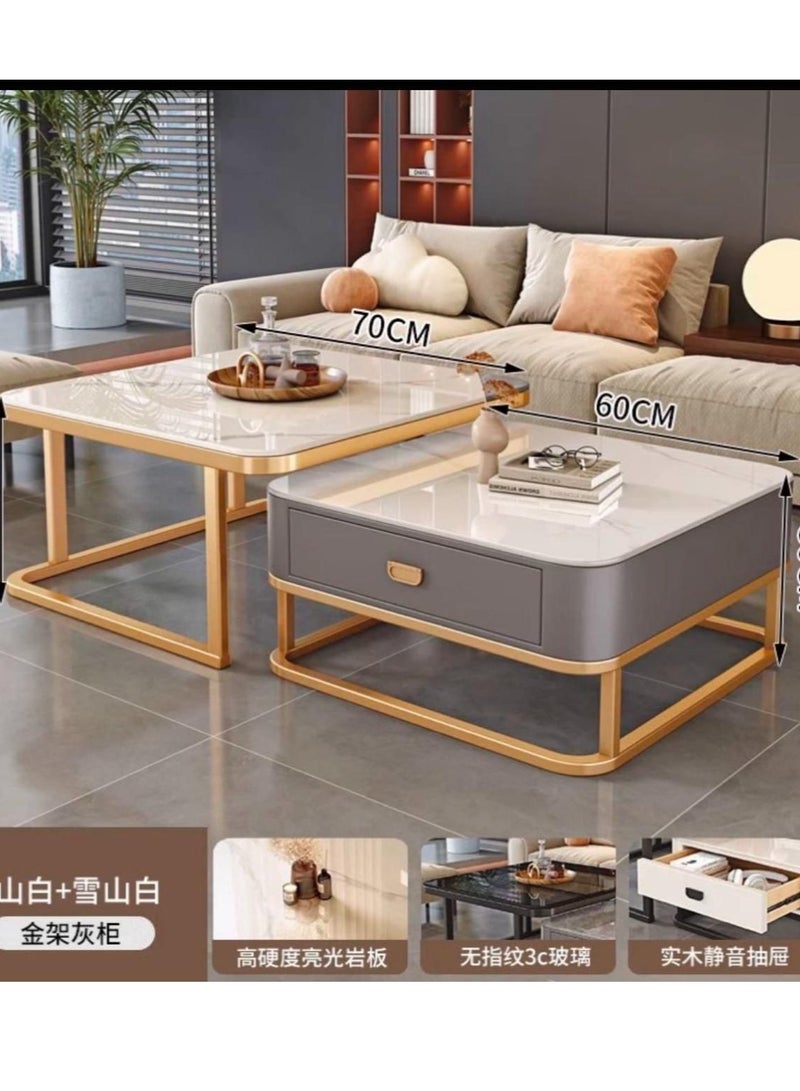 Modern Nesting Coffee Table Set of 2 with Storage Drawer, Square Rock Slab and Glass Tabletop, 2 Piece Stacking Side Table End Table for Living Room - Image 1