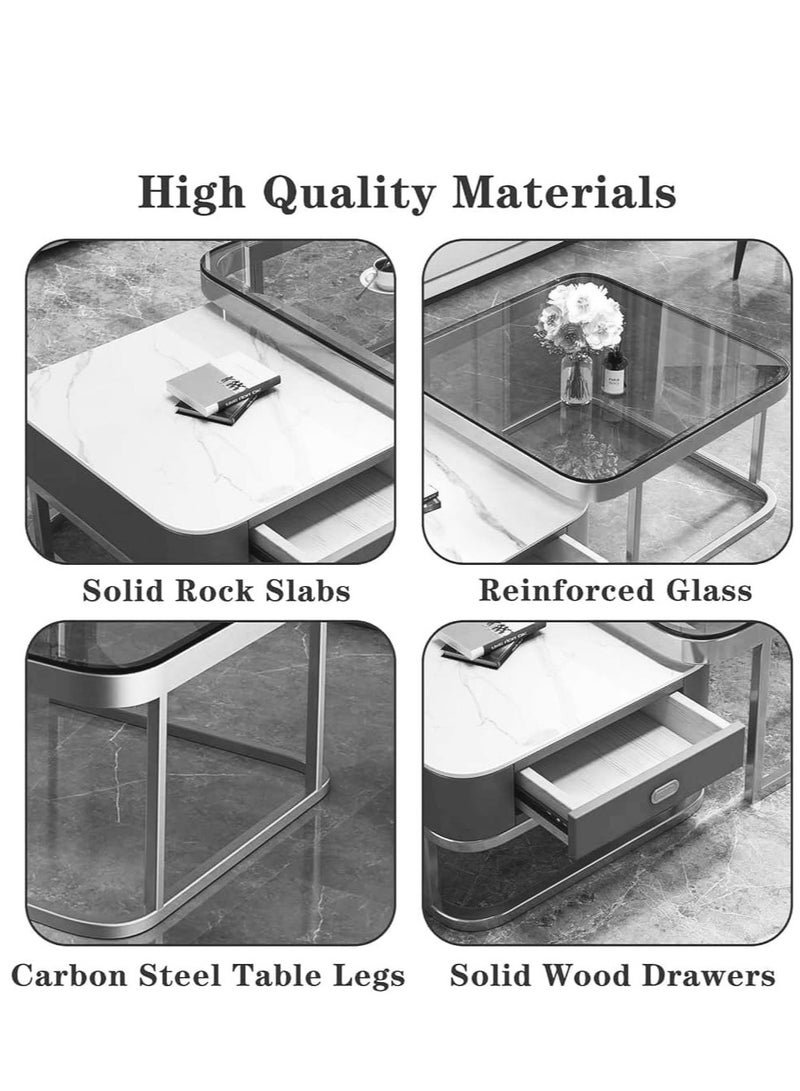 Modern Nesting Coffee Table Set of 2 with Storage Drawer, Square Rock Slab and Glass Tabletop, 2 Piece Stacking Side Table End Table for Living Room - Image 4