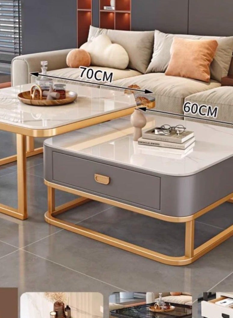 Modern Nesting Coffee Table Set of 2 with Storage Drawer, Square Rock Slab and Glass Tabletop, 2 Piece Stacking Side Table End Table for Living Room - Image 2