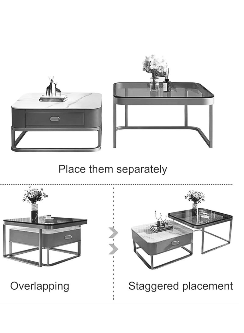 Modern Nesting Coffee Table Set of 2 with Storage Drawer, Square Rock Slab and Glass Tabletop, 2 Piece Stacking Side Table End Table for Living Room - Image 5
