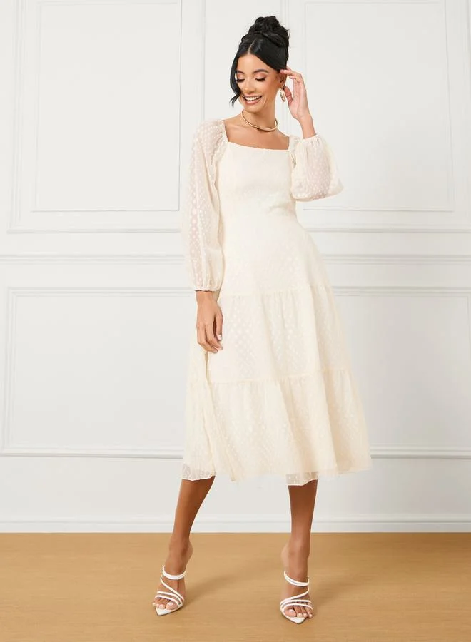 Styli Dobby Textured Sheer Sleeves Tiered Midi Dress