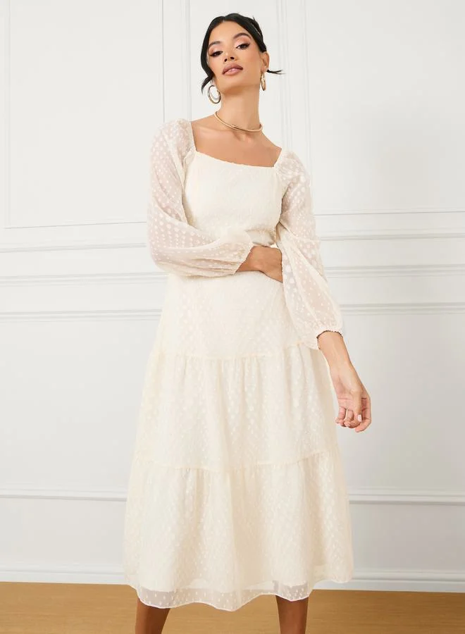 Styli Dobby Textured Sheer Sleeves Tiered Midi Dress