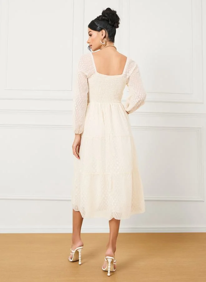 Styli Dobby Textured Sheer Sleeves Tiered Midi Dress