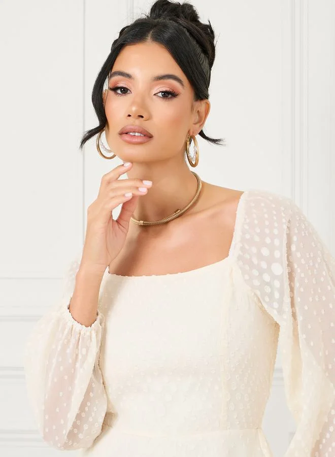 Styli Dobby Textured Sheer Sleeves Tiered Midi Dress