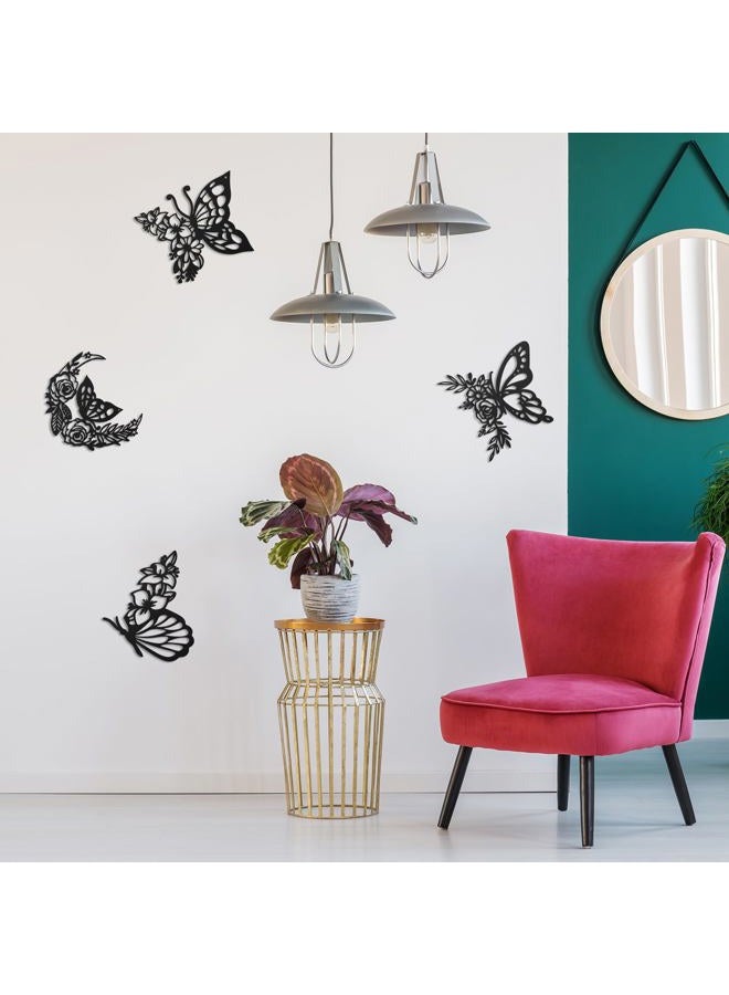 LOYIM 4 Pcs Butterfly Wall Decoration Metal Butterfly Wall Decor Metal Leaf Wall Art Moon Phases Floral Boho Wall Hanging Home Flower Appearance for Bedroom Living Room Home Indoor (Black,Graceful) - Image 2