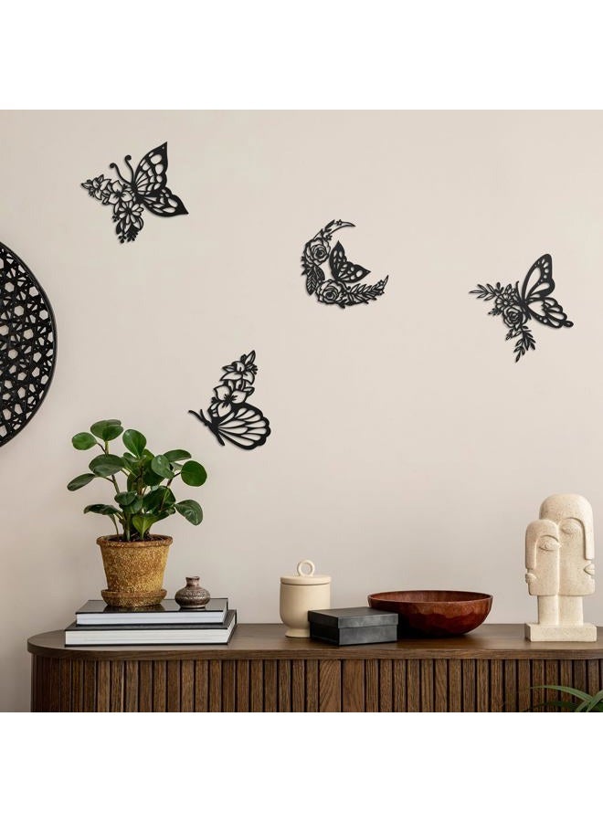 LOYIM 4 Pcs Butterfly Wall Decoration Metal Butterfly Wall Decor Metal Leaf Wall Art Moon Phases Floral Boho Wall Hanging Home Flower Appearance for Bedroom Living Room Home Indoor (Black,Graceful) - Image 3