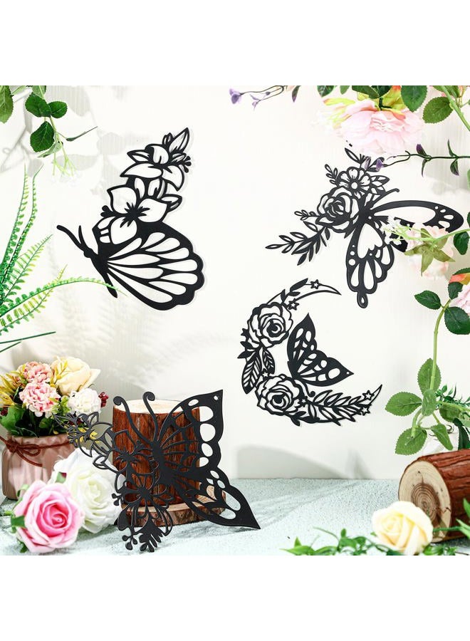 LOYIM 4 Pcs Butterfly Wall Decoration Metal Butterfly Wall Decor Metal Leaf Wall Art Moon Phases Floral Boho Wall Hanging Home Flower Appearance for Bedroom Living Room Home Indoor (Black,Graceful) - Image 1