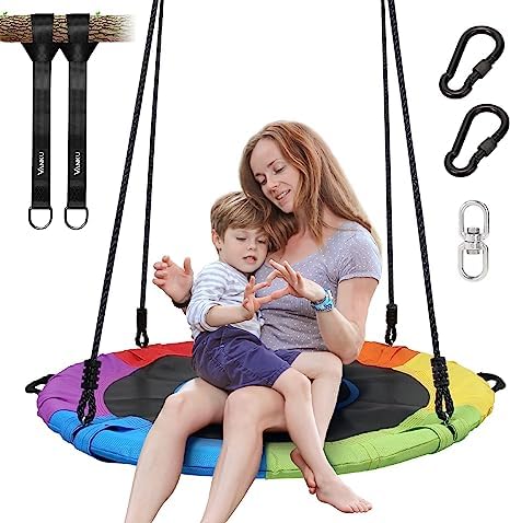FEELING MALL Tree Swing Large Rope Swing with Children Swing Platform Bonus Carabiner for Hanging Rope Outdoor Flying Saucer Rainbow 40 Inch - Image 1