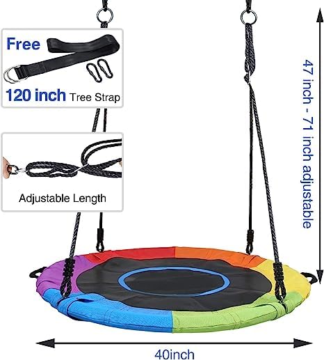 FEELING MALL Tree Swing Large Rope Swing with Children Swing Platform Bonus Carabiner for Hanging Rope Outdoor Flying Saucer Rainbow 40 Inch - Image 2