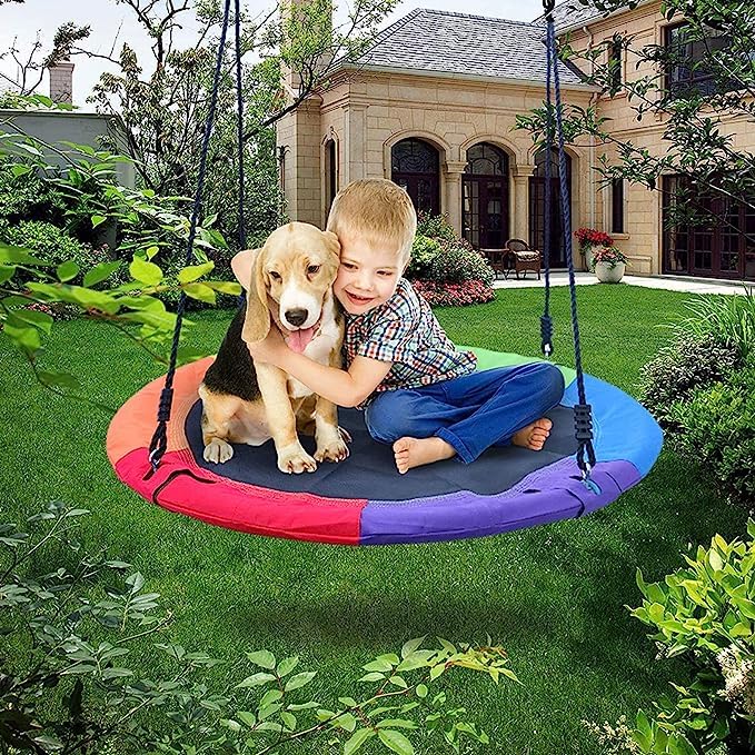 FEELING MALL Tree Swing Large Rope Swing with Children Swing Platform Bonus Carabiner for Hanging Rope Outdoor Flying Saucer Rainbow 40 Inch - Image 5