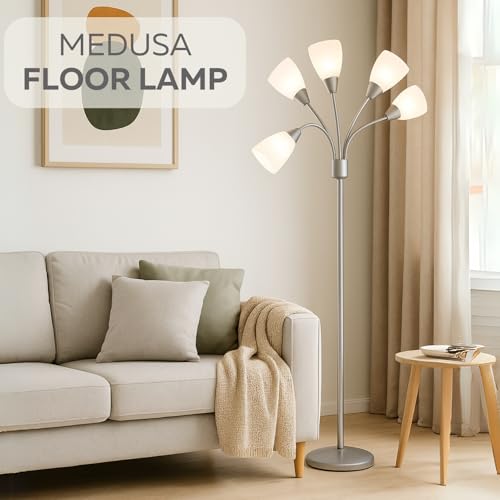 LIGHTACCENTS Medusa 5-Light Floor Lamp for Bedroom – Multi-Head Standing Lamp with 5 White Acrylic Shades, Silver Spider Lamp, Bright Floor Lamp for Bedroom, Living Room, Office - Image 2